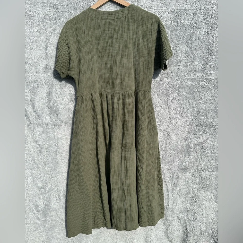 Madewell Olive Green Gauze Button Front Midi Dress XS Cotton Short Sleeve Pocket - Picture 3 of 9